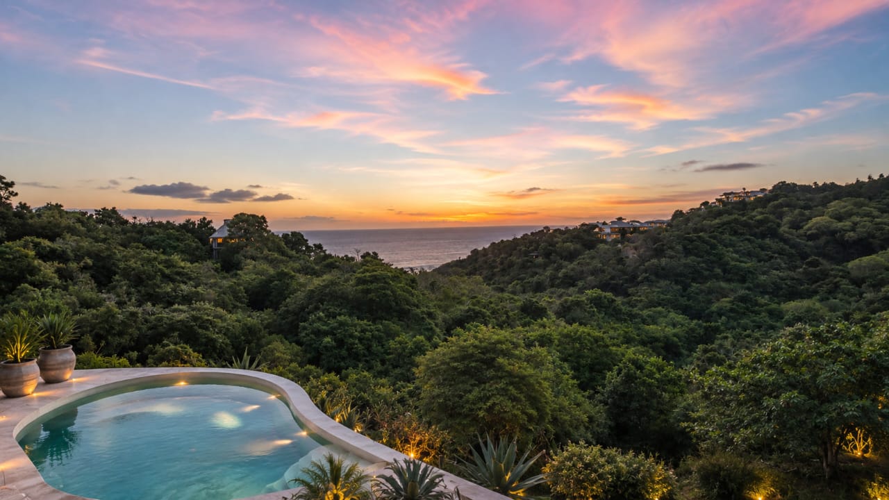 The pool at dusk, with the Pacific beyond the trees.