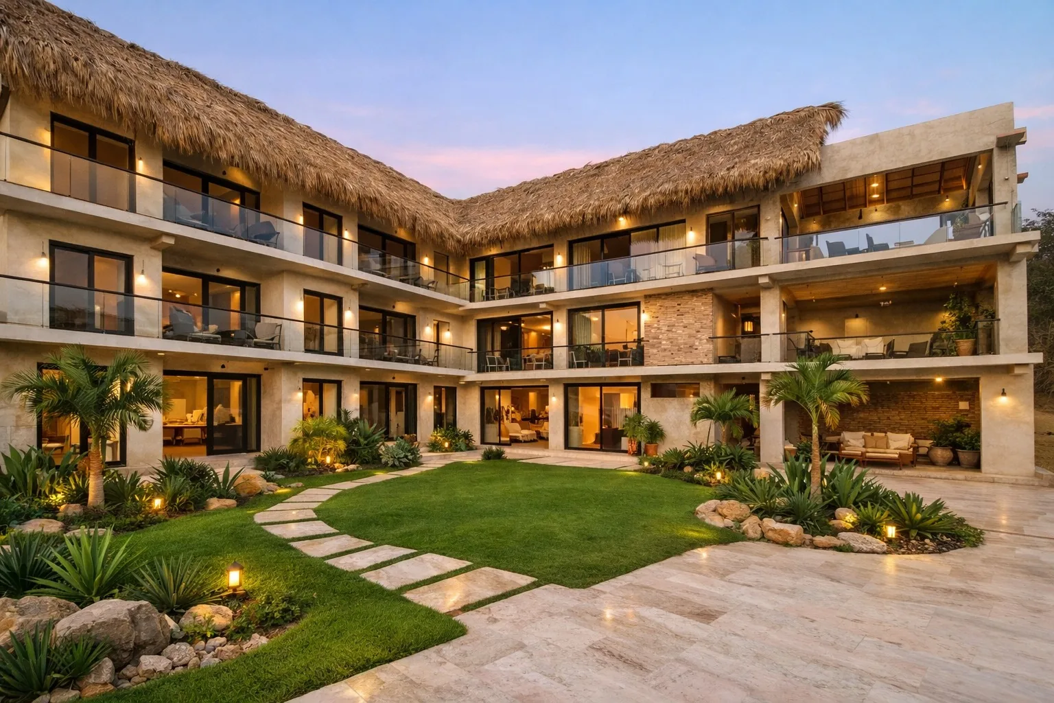 Casa Tonahilli at dusk: thatched roof, lit terraces and the central garden.