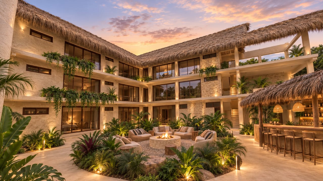The central courtyard at dusk: thatched roofs, a lit fire pit, the bar and the terraces above.