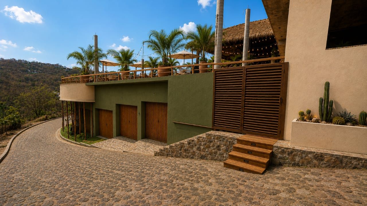 The cobbled drive up to the house, with the roof terrace above the garages.