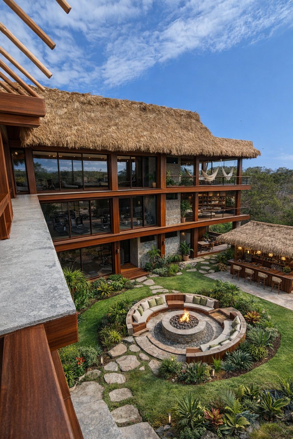 The courtyard seen from above: the fire pit, the bar and the terraces.