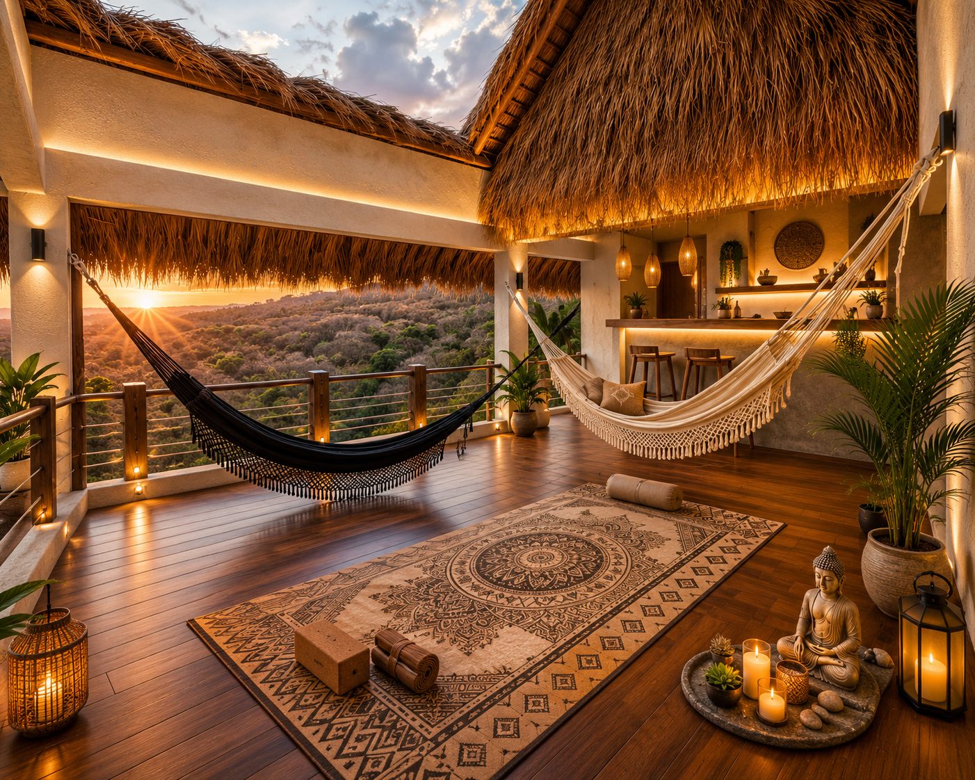 Two hammocks under a thatched roof, facing the sunset.