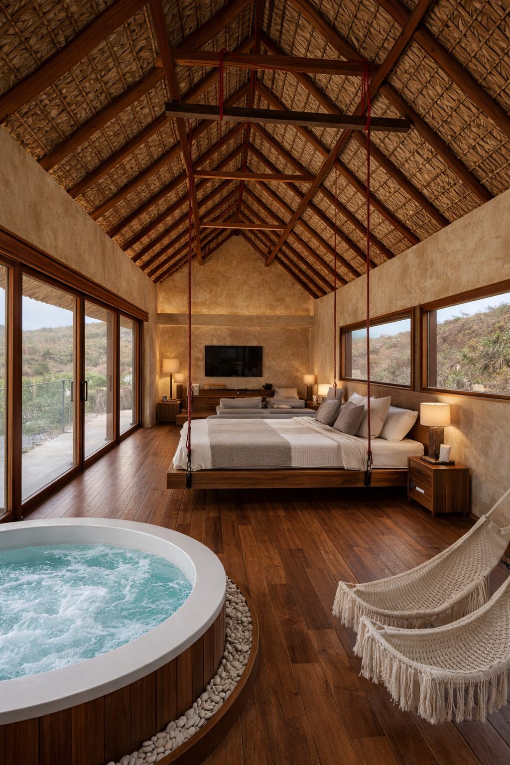 A suite with a thatched ceiling, a hanging bed and a round tub.