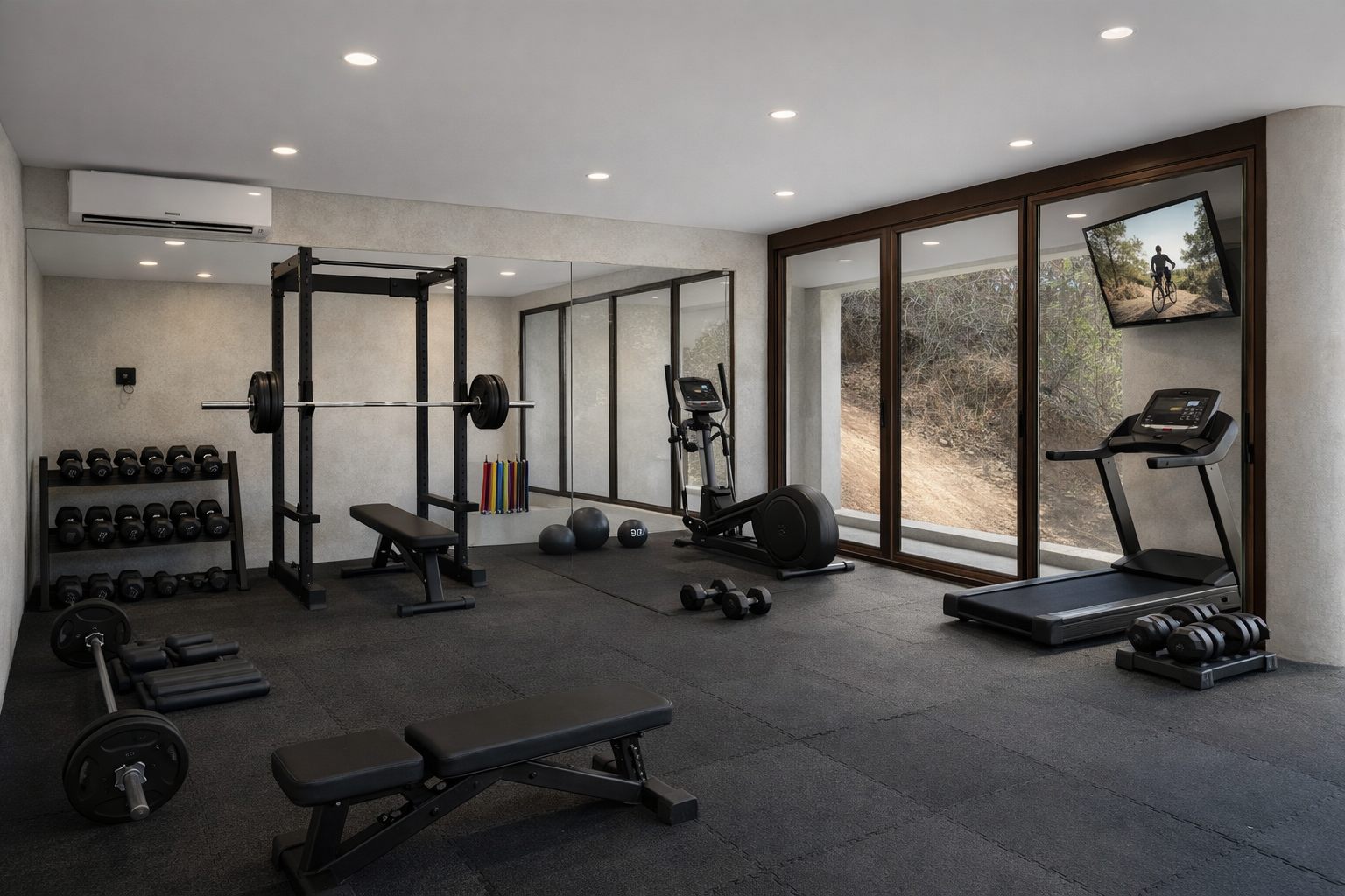 The gym: racks, weights and a treadmill facing the glass.